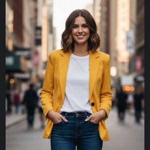 8/$25 Oscar by Oscar, Dela, Rente, yellow front blazer jacket, size 10